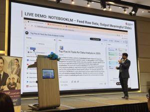 Dr. Sameer Jha, Head of Academic Affairs at De Montfort University Cambodia, presenting a live AI demonstration at JobNet 2026 HR Professional Series